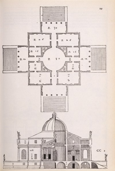 Plan et coupe transversale de la Villa Rotunda, illustration d